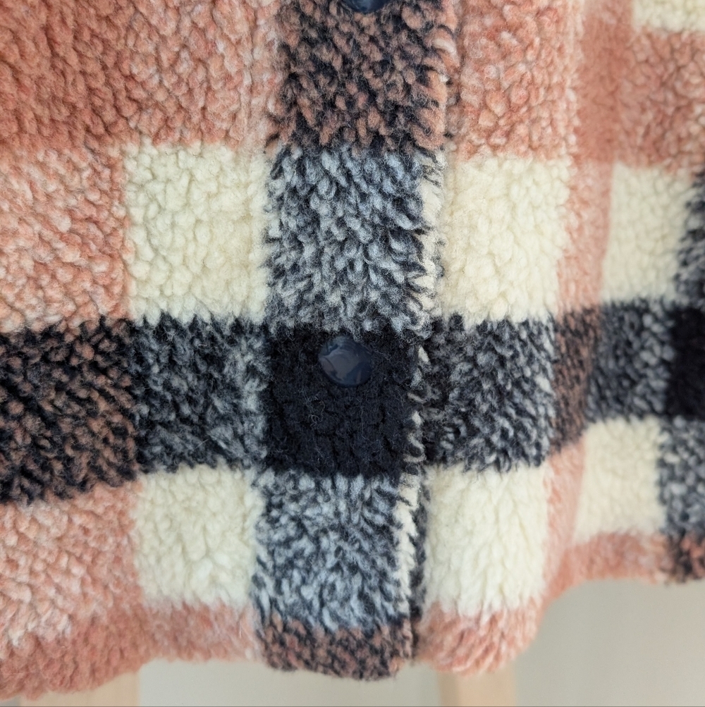 Madewell Hazlewood Faux Fur Plaid Sherpa Jacket In Black/Coral/Ivory - M - Picture 9 of 13